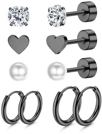 Dochais 5 Paar Titan Ohrring Set, 14K Gold creolen klein, 20G Hypoallergene Ohrstecker Gold, AAAAA Zirkonia Herz Perlen Ohrringe für Damen Herren, Knorpel Huggie Hoop (goldene, Silber, schwarz)