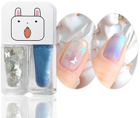 Pearl White Glitter Nail Polish Set, Holographic Bule 2 in 1 Quick Dry Varnish Polish Set, Silver Shimmer Mermaid Shell No Need Cure Nail Gel, Long Lasting Cute DIY Nail Art at Home, Gift for Girls
