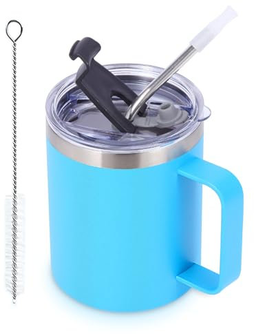 Volhoply 12oz Insulated Leakproof Coffee Mug with Sliding & Straw Lid,Double Wall Vacuum Stainless Steel Travel Cafe Tumbler Cup with Handle,Reusable Camping Mugs Keep Cold/Hot(Blue,1 Set)