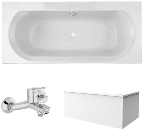 Pack baignoire droite 180 x 80 JACOB DELAFON Elise + tablier en angle + mitigeur bain douche mural Aimé chromé + vidage