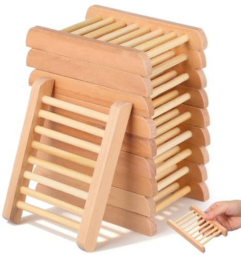 10 Pack Wooden Soap Dish, Self-Draining Soap Saver Holder for Bathroom | Natural wood soap dishes with open drainage slots help keep soap drier, while the 10 pack suits bathrooms, showers and sinks.