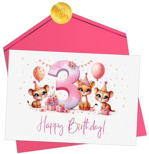 Joli Coon Geburtstagskarte 3 Jahre Mädchen - Premium Happy Birthday Geburtstagskarte 3 Jahre - Klappkarte mit Kuvert und goldenen Siegelsticker