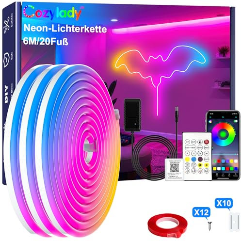 Cozylady 6M RGB Neon LED Strip, Flexible Streifen Mit starkem Doppelklebeband ausstatten,24V LED Leuchtseile mit App/Fernbedienung anwendbar auf Schlafzimmer,Raum & Außendekoration.