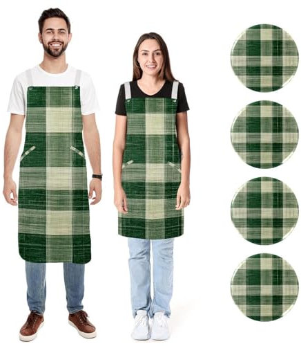 Delantal de cocina de lino para mujeres y hombres, delantal de cocina vintage verde retro a cuadros con 2 bolsillos ajustables, Cuadros retro de color verde vintage,