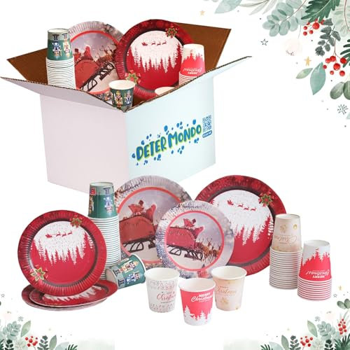 DETERMONDO Set 200 Pezzi Piatti Natalizi Usa e Getta: 50 Piatti Rossi, 50 Dessert, 100 Bicchieri 180 ml - Servizio per 15 Persone o Più