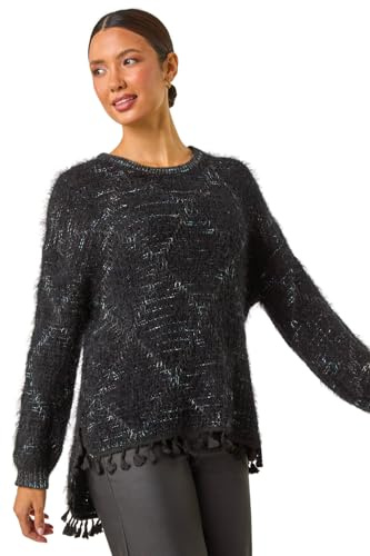 Roman Fluffy Knit Fringe Hem Jumper for Women UK - Ladies Autumn Everyday Winter Holiday Round Neckline Comfy Long Sleeve Soft Warm Feel Sweater Work Office Tops - Black - Size 12