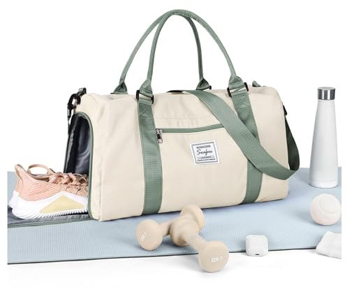 HYC00 Sport Duffel Bag Damen Handgepäck Sporttasche für Damen und Herren mit Nassfach & Schuhfach, Reisetasche Damen Weekender Gym Travel Bag Schwimmtasche Yoga Bag Trainingstasche,Beige mit Grün
