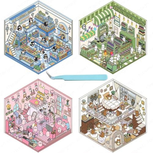 Ymxygz 4 Pcs 3d Stickers - 3d Sticker Scene Set, Cute Korean Stickers for Adults, Diy Cartoon Sticker Scene with Tweezers﻿, Fun Stickers