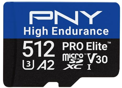 PNY 512GB PRO Elite™ High Endurance C10 U3 V30 A2 microSDXC Flash Memory Card – Up to 100/90MB/s Read/Write, 4K UHD, Full HD, UHS-I, Surveillance, Home Security, Continuous Recording, Dash Cam