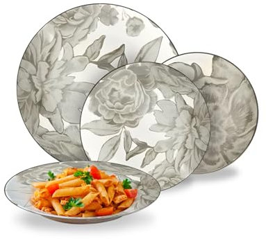 Avilia – Juego de platos modernos de 18 piezas de porcelana con decoración floral ramo pardo, servicio elegante para 6 personas