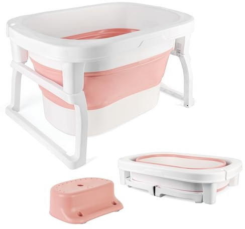Baignoire Pliable avec Trou de Drainage Portable, Baignoire de Bain Autonome avec Tabouret de Bain pour Enfant, Baignoires sur Pieds en Plastique PP+TPE, Drainage Rapide (Rose 74 * 51 * 42 cm)