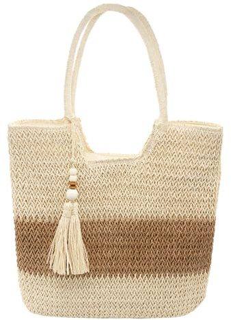 Long Keeper Stroh Strandtasche Damen Handtasche Groß Boho Basttasche Shopper Sommer Tasche Häkeltaschen Geflochten mit reißverschluss für Reisen Urlaub