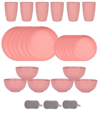 Set di Posate in Plastica da 24 Pezzi Per 6 Persone Ciotole Piatti e Bicchieri Infrangibili Posate da Picnic Colorate e Riutilizzabili Adatto al Microonde e Alla Lavastoviglie (Rosa)