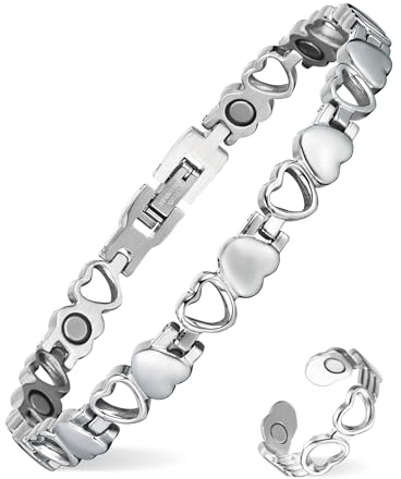 MagEnergy Magnetarmband für Damen – Herzförmiges Titanstahl-Armband mit Magneten + Verstellbarer Magnetring aus 99,9 % reinem Kupfer, Geschenkset