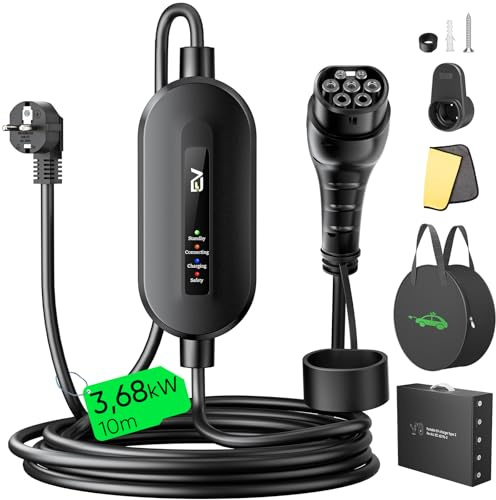 Evjuicion Ladekabel Elektroauto Typ 2 Schuko 3,68kW[1-phasig, 10m, 16A, IP67], EV Chargers mit Anzeigeleuchte, EV Ladegerät für ID.3/4, X1, 5ER, Model Y/3, und Anderen EV(Strom Nicht einstellbar)