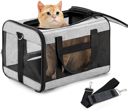 Conlun Transportbox Katze M, Flugzeugtaugliche Katzentransportbox bis 7kg | Grau Katzentransporttasche mit innerer Sicherheitsschnalle, ideal als Katzenkorb Transport für Reise, Auto und Flugzeug