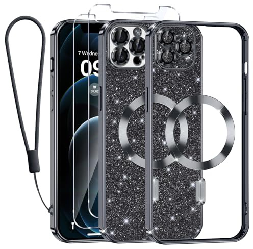 Tikfrlo Handykette für iPhone 12 Pro Max Hülle mit MagSafe, Glitzer Magnetisch Handyhülle Stoßfeste Silikon TPU Schutzhülle Case für iPhone 12 Pro Max mit 2 Stück Schutzfolie, Schwarz