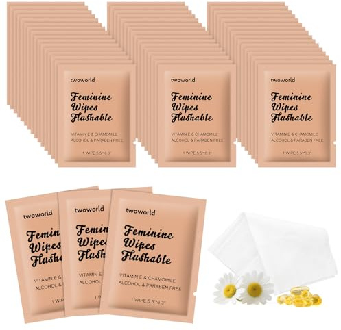 50 Feminine Wipes Individually Wrapped,Flushable Wipes Travel | Feminine Care Vaginal Wipes for Adult,Women,Girl and Homeless(Chamomile)