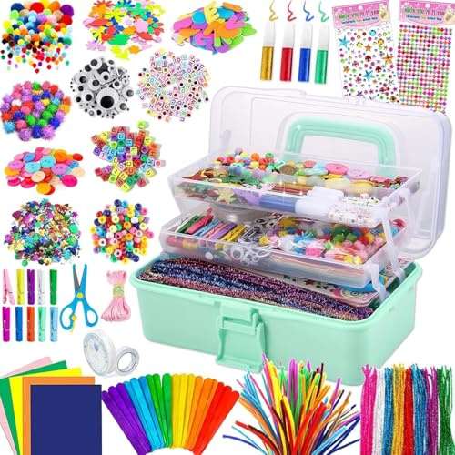 Gutenguy Bastelset Kinder, 3000+Pcs Bastelkoffer Bastelbedarf Material Set, Große Bastelbox Geschenke für Mädchen Jungen3 4 5 6 7 8 9 10 11 12 Jahre-Hellgrün