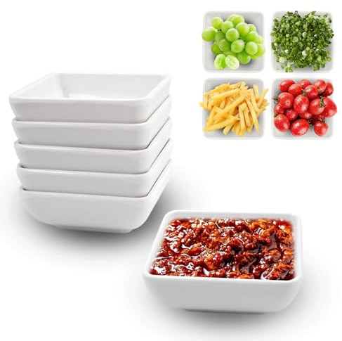 HIKPACKER 6 Pieces Square Ceramic Soy Sauce Bowl, Small Mini Dipping Bowls | Durable and Long-Lasting Ramekin Bowls White Porcelain Side Dish Bowls for Seasoning Ketchup Sushi Dip Snack-Dishwasher Safe