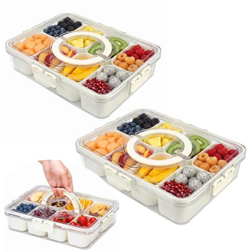 Veebmys Caja de Aperitivos con 8 Compartimentos, Contenedor Portátil y Reutilizable para Frutas, Ideal para Fiestas, Viajes, Galletas, Dulces y Frutos Secos, Bandeja Dividida con Tapa y Asa (2)