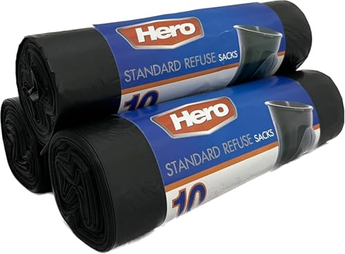 Hero 50L Black Bin Bags – Eco Strong Recycled Rubbish Sacks | Heavy Duty Waste Liners for Kitchen, Home, Office & Garden – Made from Recycled Plastic, Tear-Resistant & Durable (30)