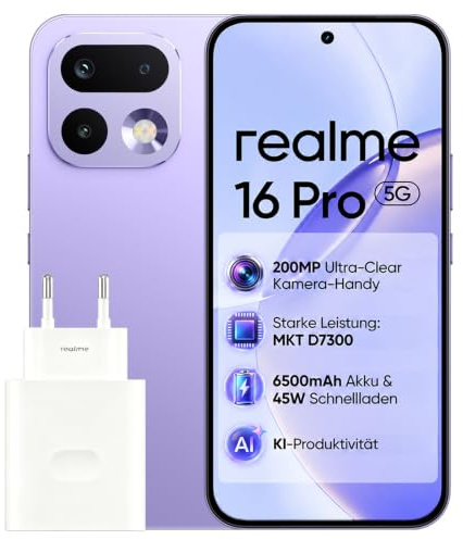 realme 16 Pro 5G Handy Smartphone 8+512GB,6,78 1,5K 144Hz AMOLED-Display,200MP OIS-Hauptkamera,50MP Selfie-Kamera,6500mAh Akku,45W Schnellladung,Dimensity 7300 Max,NFC,IP69,Dual-SIM,Violett