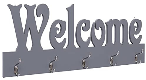 Wandgarderobe Grau aus MDF 74 x 29,5 cm mit 5 Kupferhaken und Welcome Schriftzug für Flur Diele Eingang, praktische Hakenleiste für Mäntel, Handtuchhaken, Schlüssel und Aufbewahrung