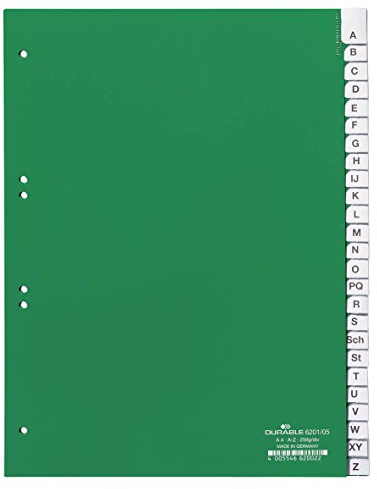 Durable Kunststoffregister A - Z, A4 hoch, volldeckend, 25er-Teilung, grün, 620105