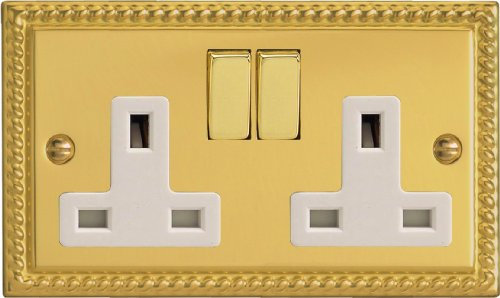 Varilight XG5DW 2-Gang 13A Double Pole Switched Socket, Classic Georgian Brass