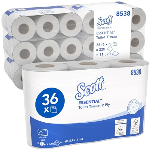 Papier Toilette Scott® Essential 8538 – 2 Épaisseurs, Blanc, Résistant & Écologique – 6 Paquets x 6 Rouleaux x 320 Feuilles (Total 11 520 Feuilles / 36 Rouleaux)