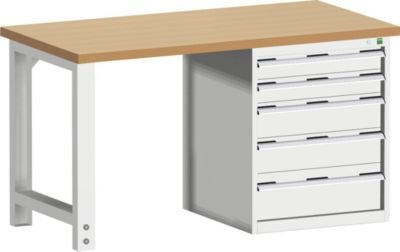 cubio Werkbank mit Schubladenschrank, 5 Schubladen, Fuß, Rotbuche-Platte