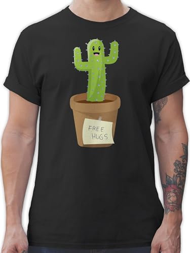 T-Shirt Herren - Sprüche Statement - Free Hugs Kaktus - L - Schwarz - männer tischert mit Cactus Tshirt Hug Shirt Shirts Maenner Statements for thisirt Spruch Oberteil Herr Aufschrift Tshirts t