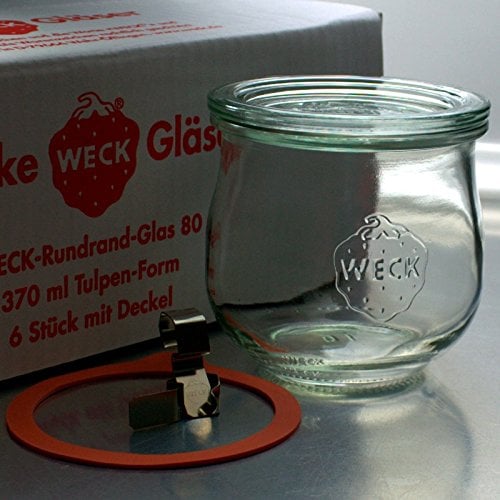 Weck 6 Einkochgläser Tulpenform 370ml RR80 mit Glasdeckel, Ringen und Klammern im Original Karton (Mit Glasdeckel, Ringen und Klammern)