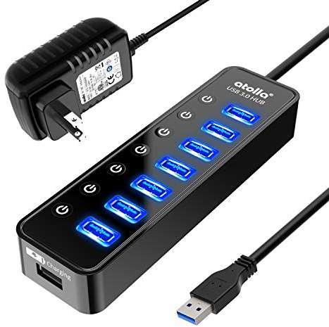 Powered USB Hub 3.0, Atolla 8-Port USB 3.0 Data Hub Splitter with One Smart Charging Port and Individual On/Off Switches and 5V/4A Power Adapter USB Extension for MacBook, Mac Pro/Mini and More