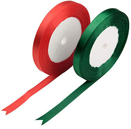 FEPITO 2 Rollen 10mm Satinband Grün Rot Geschenkband Schleifenband Bänder zum Basteln Stoffband für Weihnachtsdekoration (22 Mt/Rolle x 2 Rollen)