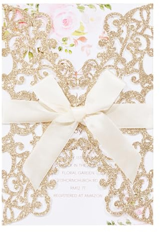 AdasBridal Lot de 50 cartes d'invitation de mariage à paillettes découpées au laser avec enveloppe, feuille intérieure vierge et ruban pour mariage, fiançailles, fête prénuptiale (18 x 12,5 cm, or