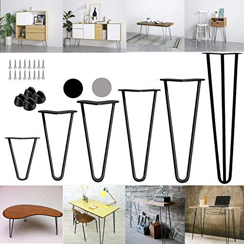 Haarnadel Tischbein mit Befestigungsschrauben und Bodenschutz, 10mm Robust Schwarz Metall Tischgestell 2 Stangen Möbelfüße, 4 Stück Tischbeine aus Stahl – 4 Zoll, Schwarz