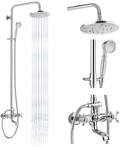 gotonovo Exposed Shower Faucet Set 8 Inch Rainfall Showerhead 3-Function Shower Fixture with Tub Spout 2 Corss Handles Shower System, Polish Chrome