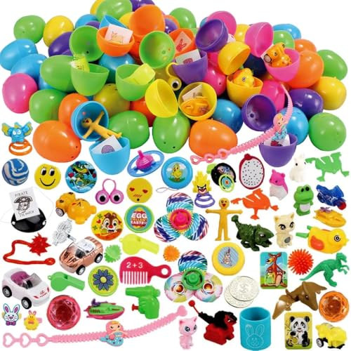 JOYIN 80 Packungen vorgefüllte Ostereier mit Spielzeugen und Aufklebern, 6 cm, 80 bunte Ostereier für Osterkörbchen, Osterparty-Gastgeschenke, Ostereiersuche, Klassenzimmer-Events