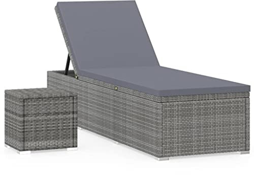 vidaXL Sonnenliege mit Auflage Teetisch Gartenliege Relaxliege Rattanliege Strandliege Liegestuhl Liege Gartenmöbel Poly Rattan Grau