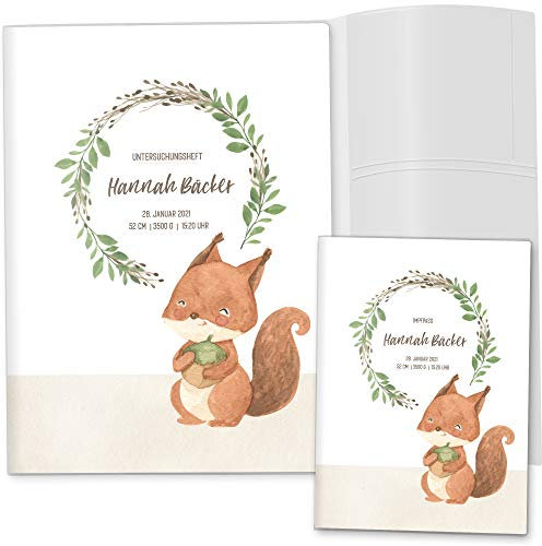 OLGS U-Heft Hüllen Set 3-teilig | Cute Forest Eichhörnchen | Untersuchungsheft Hülle & Impfpasshülle | Hochwertiges Babygeschenk mit Namen und Geburtsdatum (Uhefthülle mit Impfpass, personalisiert)