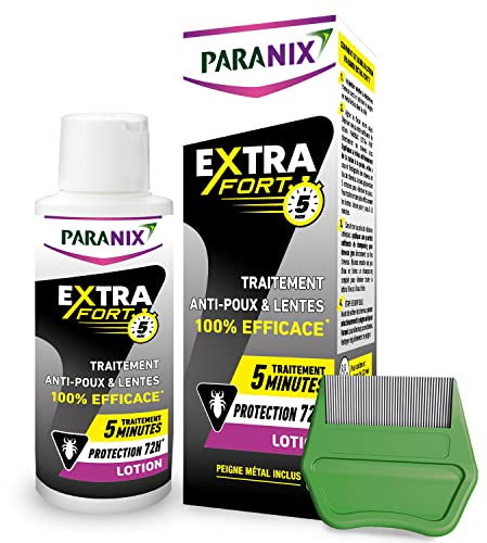 Paranix Extra stark 5 Minuten – Lotion gegen Läuse und Nissen * 2 in 1: behandelt und schützt – 100 ml – feiner Metallkamm im Lieferumfang enthalten