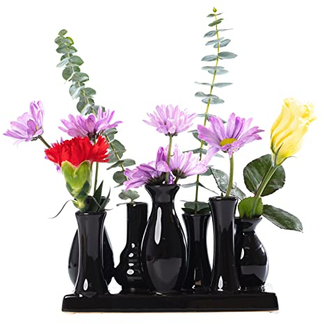 Jinfa Handgefertigte kleine Keramik Deko Blumenvasen Set aus 7 Vasen in schwarz