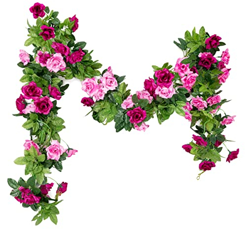 Hobyhoon 3 Stück Blumengirlande Künstliche Rosengirlande 15.8FT Gefälschte Rosenranken Seidenblumen Hängend für Hochzeitsbogen Dekor（Magenta）