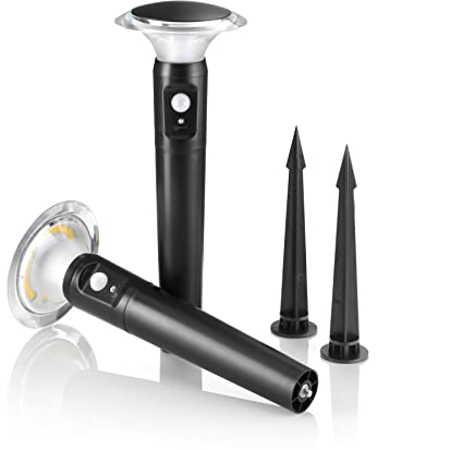 Auraglow Wireless Battery Powered Outdoor PIR Motion Sensor Activated Modern LED Weatherproof Garden Path Spike Lights – Twin Pack