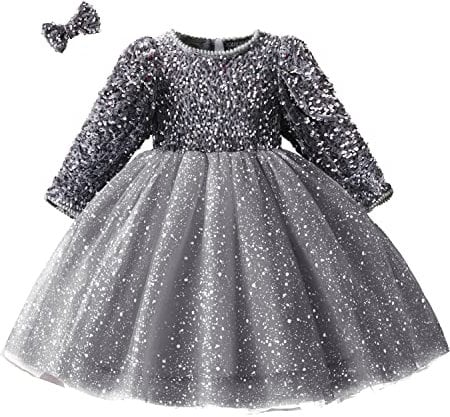 NNJXD Ragazze Paillettes Tulle Fiore Ragazza Principessa Festa Manica Lunga Ballo di fine Anno Vestire Taglia130 (5-6 Anni) 1908 Grigio-A