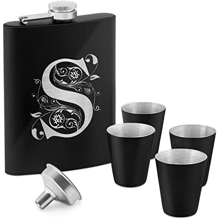 Maverton Flachmann Set 200 ml mit Gravur - Taschenflasche + 4 Schnapsgläsern 20 ml mit Trichter - Brustflasche für Männer - Farbe: mattschwarz - Monogramm