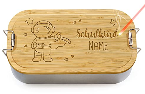 PR Print Royal Brotdose mit Gravur selbst gestalten - Schulkind Astronaut - mit Name personalisieren - Geschenk für Kinder zur Einschulung, Geburtstag, Schule - Lunchbox, Holzdeckel, BPA-frei, 600 ml