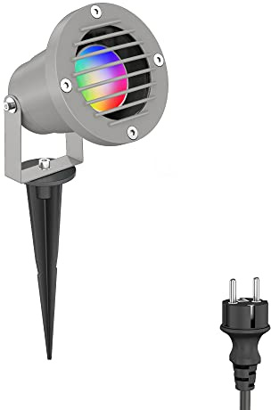 ledscom.de Gartenstrahler DUK, Gitter, mit Erdspieß für außen, grau, IP65, inkl. Smart Home RGBW GU10 LED Lampe 473lm